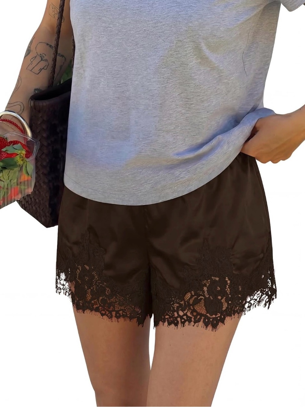 Lace-Trim Satin Women's Shorts — Brown